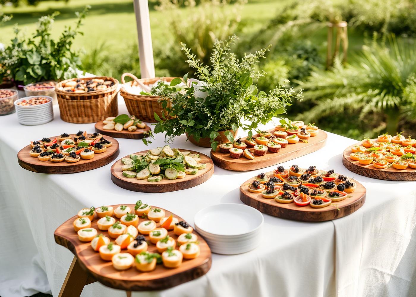 Elegancki stół cateringowy z przekąskami na zewnątrz